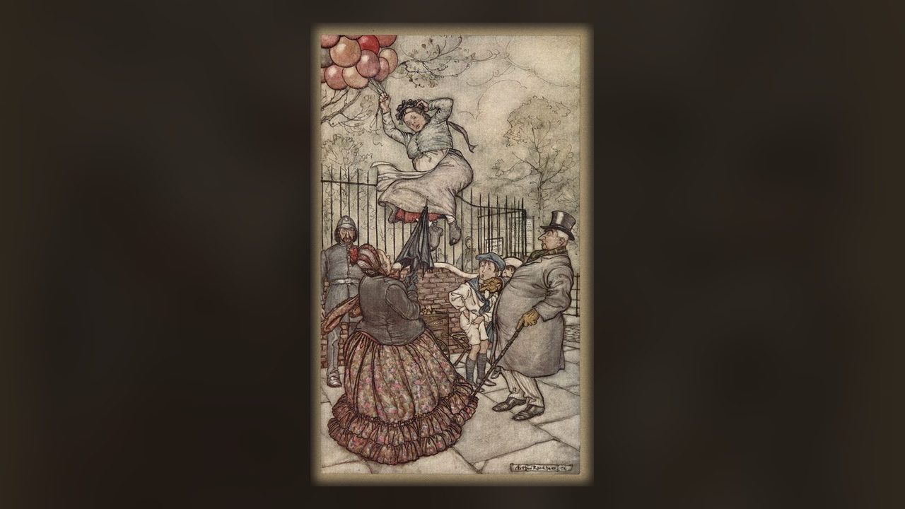 Figures in Victorian dress at the gates of Kensington Gardens. Artwork: Peter Pan in Kensington Gardens, by Arthur Rackham.