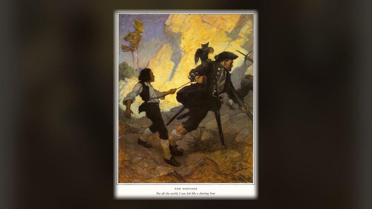 Long John Silver hauling young Jim Hawkins along by a rope. Artwork: The Hostage, by N. C. Wyeth.