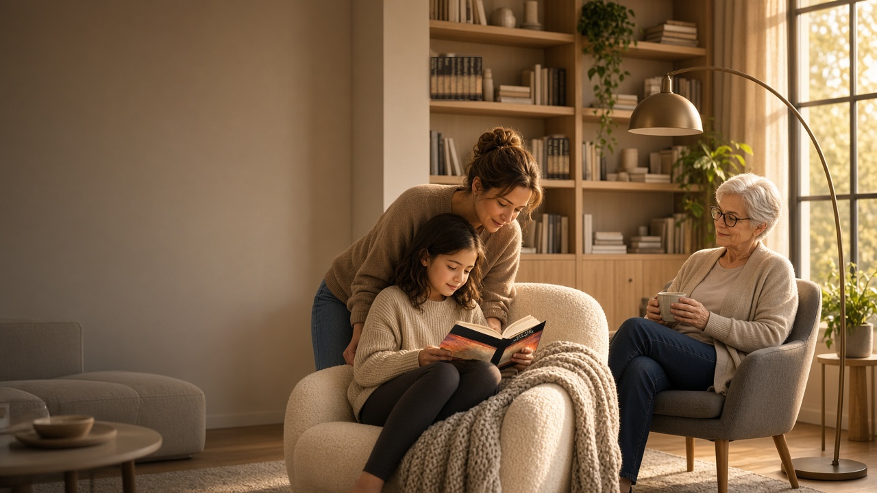 Three generations of a family reading together in a sunlit living room: a girl reads a Comfortable Classics book in an armchair while her mother leans over her shoulder and her grandmother watches from a nearby chair with a cup of tea.