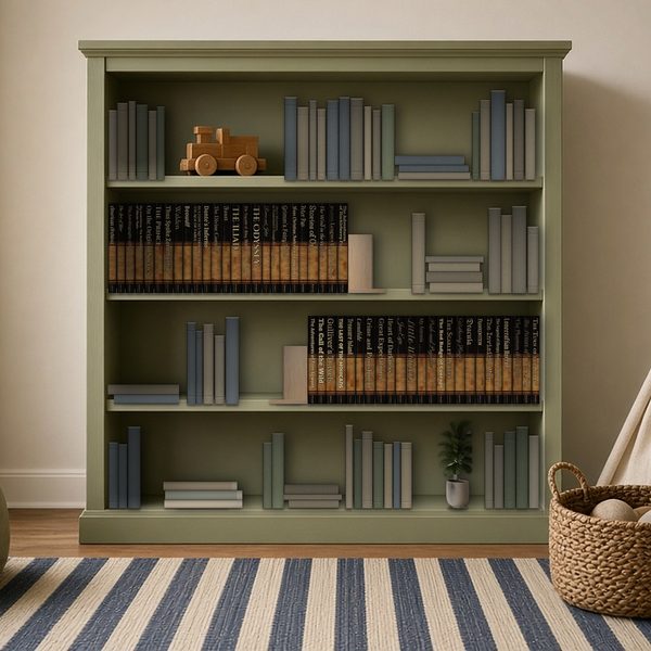A sage-green bookcase holding the Comfortable Classics set and a wooden toy truck, above a blue-and-white striped rug and a woven basket.