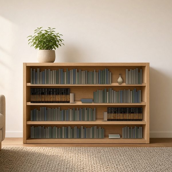 A light oak bookcase holding the Comfortable Classics set against a cream wall, with a potted plant on top and a woven rug below.