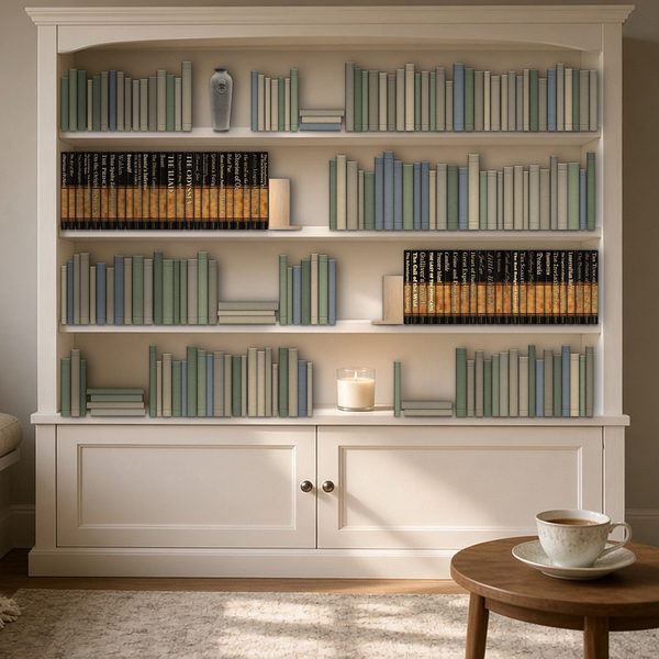 A white built-in bookcase holding the Comfortable Classics set in a bright room, with a cup of tea on a small round table in front.
