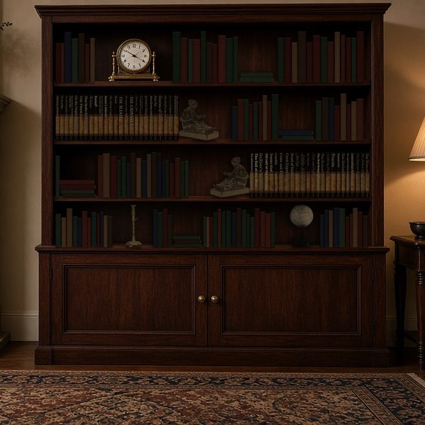 A dark mahogany bookcase holding the Comfortable Classics set alongside a mantel clock and small sculptures, on a red Persian rug.