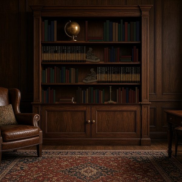 A dark wood bookcase with carved cabinet doors in a paneled study, holding the Comfortable Classics set beside a brass globe, with a leather armchair and a patterned rug.